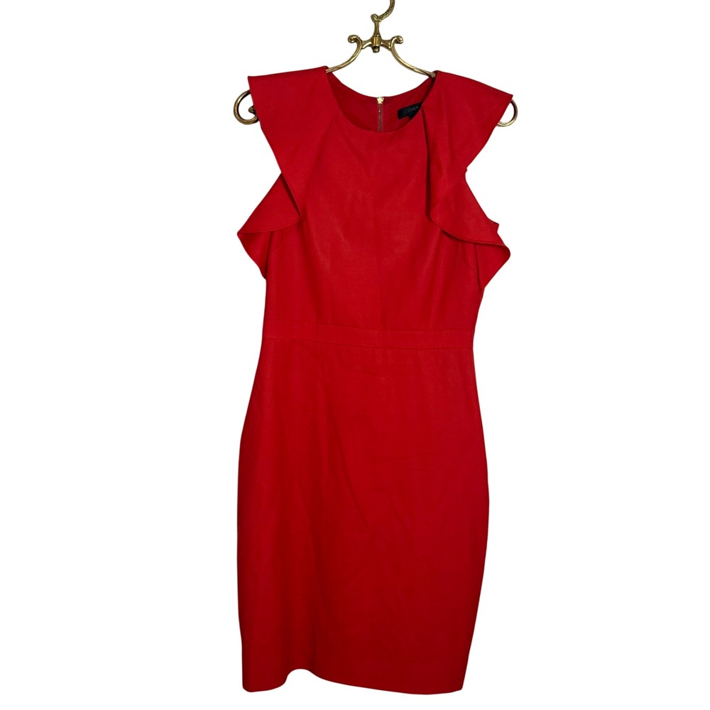 J.Crew Red Wool Ruffle Sleeve Sheath Dress Size 4 Exposed Zipper Holiday Career